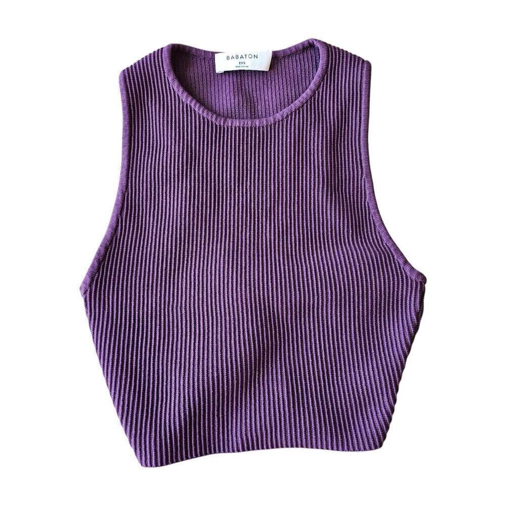 Babaton Aritzia Dark Purple Structured Knit Ribbed Cropped Halter Top Sz XXS